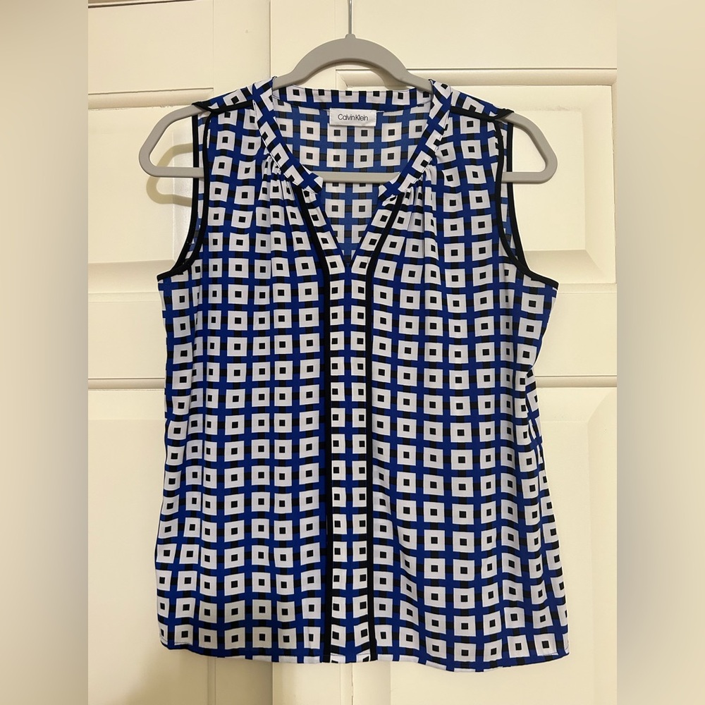 Calvin Klein Blue and White Square Pattern Tank Top